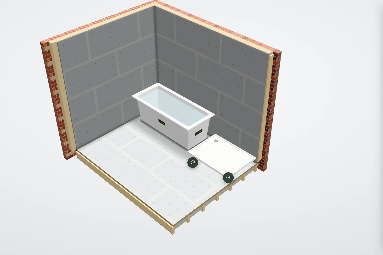 The Drawing Room: a 1700 × 750 mm bath in the back-left corner and a 1064 × 810 mm shower tray in the back-right corner, each with a turn handle