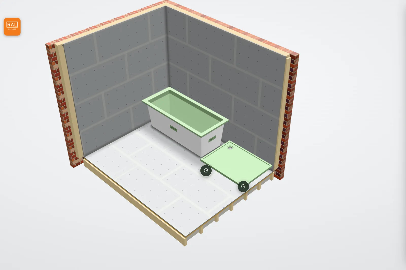 The Drawing Room: the corner bath and shower tray in RAL 6021 Pale Green, with the RAL Colours logo