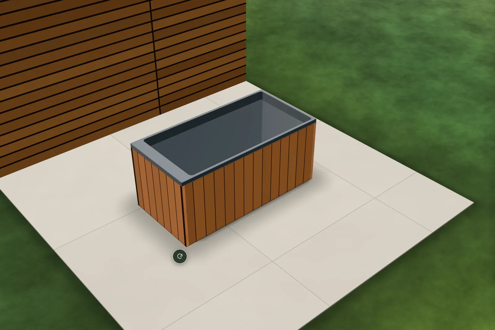 The Drawing Room outdoors: a Sheer 1400 bath in RAL 7016 Anthracite Grey, clad in cedar boards, on a paved patio with a slatted timber screen