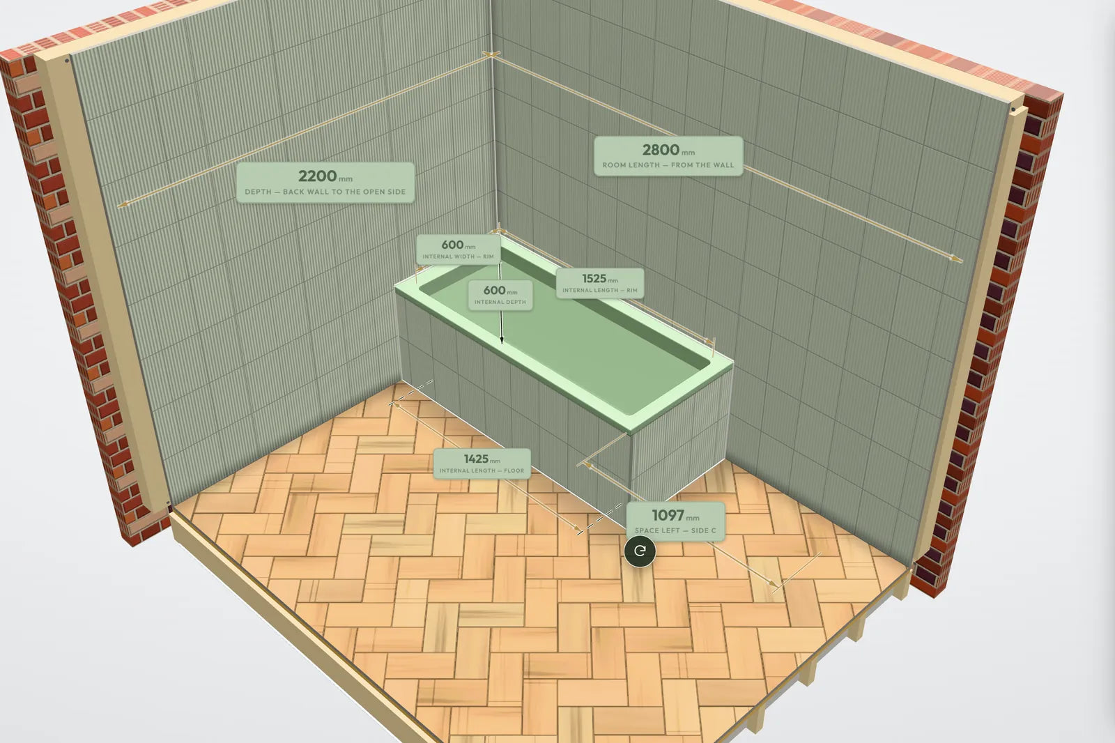 The Drawing Room: dimension labels on the 1700 × 750 mm corner bath in a finished 2,800 × 2,200 mm room — 600 mm internal depth, 1525 mm rim length, 1425 mm floor length and 1097 mm space left beside it