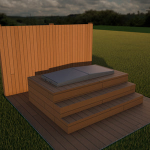 Render of an Omnitub Cover in Charcoal Grey, closed on an Omnitub bath built into a raised timber deck with two steps, cedar-look cladding behind, in a garden in evening light
