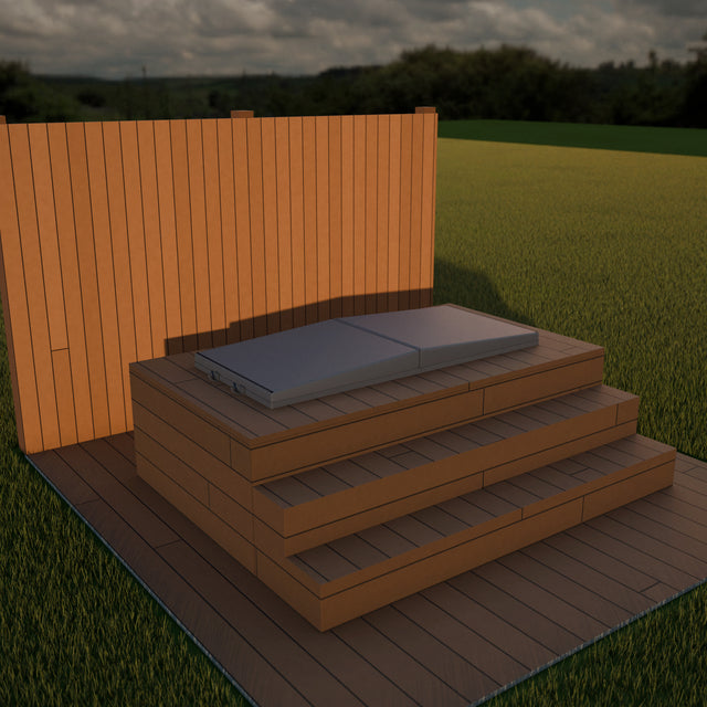 Render of an Omnitub Cover in Charcoal Grey, closed on an Omnitub bath built into a raised timber deck with two steps, cedar-look cladding behind, in a garden in evening light