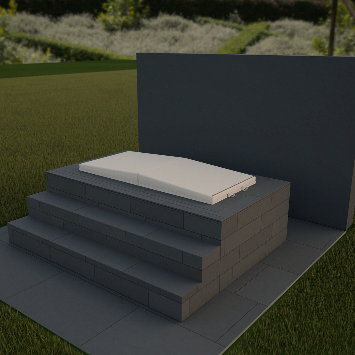 Render of an Omnitub Cover in Almond, closed on an Omnitub bath built into a raised graphite porcelain surround with two steps and a dark rendered wall behind