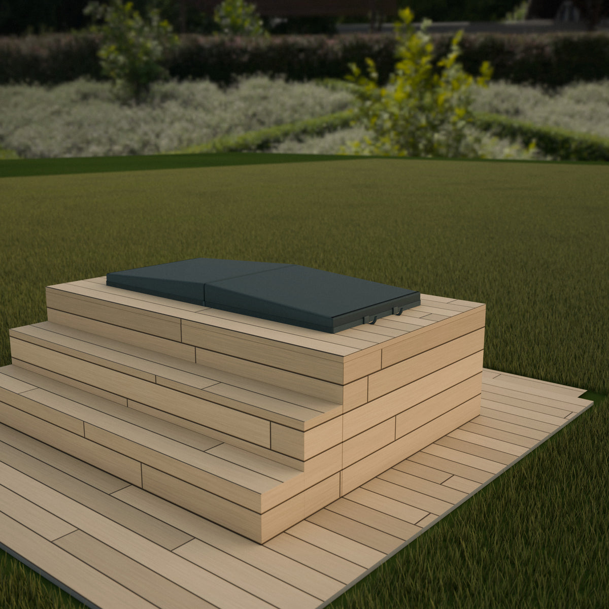 Render of an Omnitub Cover in Forest Green performance fabric, closed on an Omnitub bath built into a raised pale timber deck with two steps, straps running down into the deck