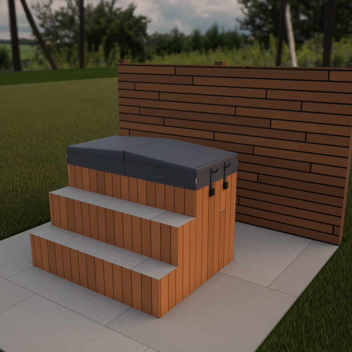 Render of an Omnitub Cover in Charcoal Grey on an Omnitub seated tub clad in cedar-look boards, lockable straps fixed to the cladding, with two steps and a timber screen behind