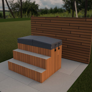 Render of an Omnitub Cover in Charcoal Grey on an Omnitub seated tub clad in cedar-look boards, lockable straps fixed to the cladding, with two steps and a timber screen behind