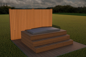 Render of an Omnitub Cover in Charcoal Grey, closed on an Omnitub bath built into a raised timber deck with two steps and cedar-look cladding behind, on a lawn in evening light