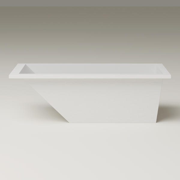 Repose 1900 reclined soaking tub — end elevation, hand-polished white Omnigel