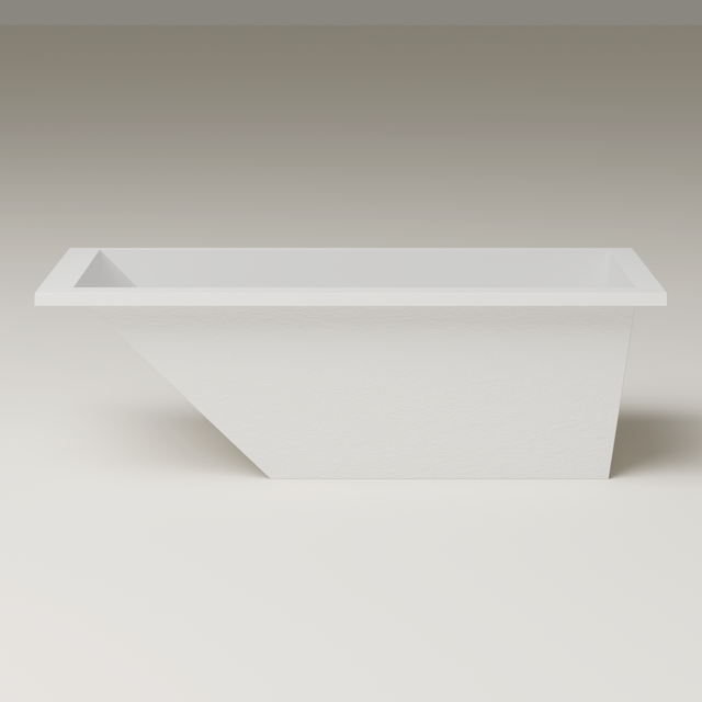 Repose 1900 reclined soaking tub — end elevation, hand-polished white Omnigel