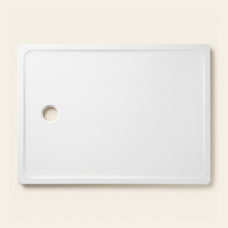 1100mm × 800mm Omnitub Pure White shower tray — 35mm slim non-slip Omnigel surface, BS 4800 00 E 55, handmade in Somerset