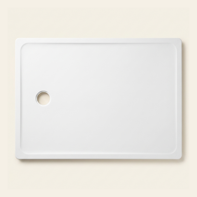 1100mm × 800mm Omnitub Pure White shower tray — 45mm slim non-slip Omnigel surface, BS 4800 00 E 55, handmade in Somerset