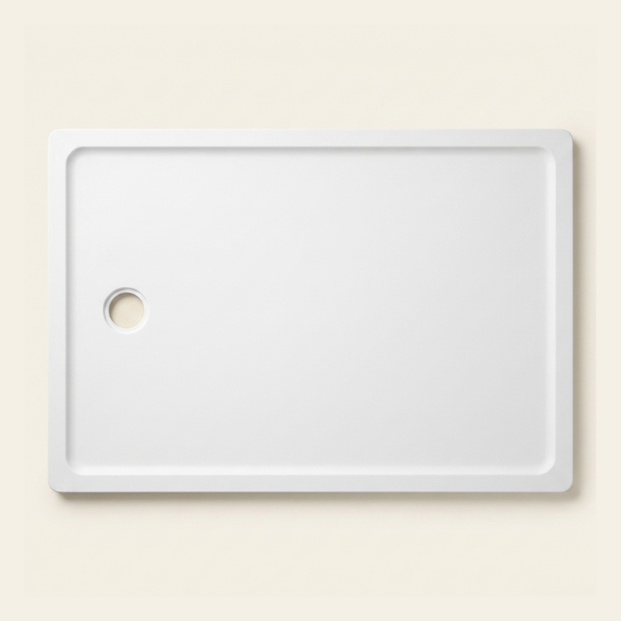 1300mm × 900mm Omnitub Pure White shower tray — 35mm slim non-slip Omnigel surface, BS 4800 00 E 55, handmade in Somerset
