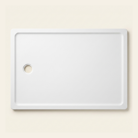 1300mm × 900mm Omnitub Pure White shower tray — 45mm slim non-slip Omnigel surface, BS 4800 00 E 55, handmade in Somerset