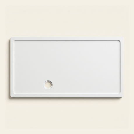 1500mm × 800mm Omnitub Pure White shower tray — 45mm slim non-slip Omnigel surface, BS 4800 00 E 55, handmade in Somerset