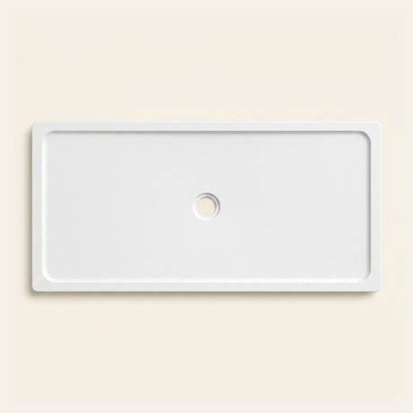 1850mm × 900mm Omnitub Pure White shower tray — 45mm slim non-slip Omnigel surface, BS 4800 00 E 55, handmade in Somerset