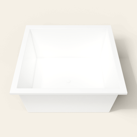 Omnitub 1400×1400 white deep soaking bath — end view [render:1_end_view:nofeet]