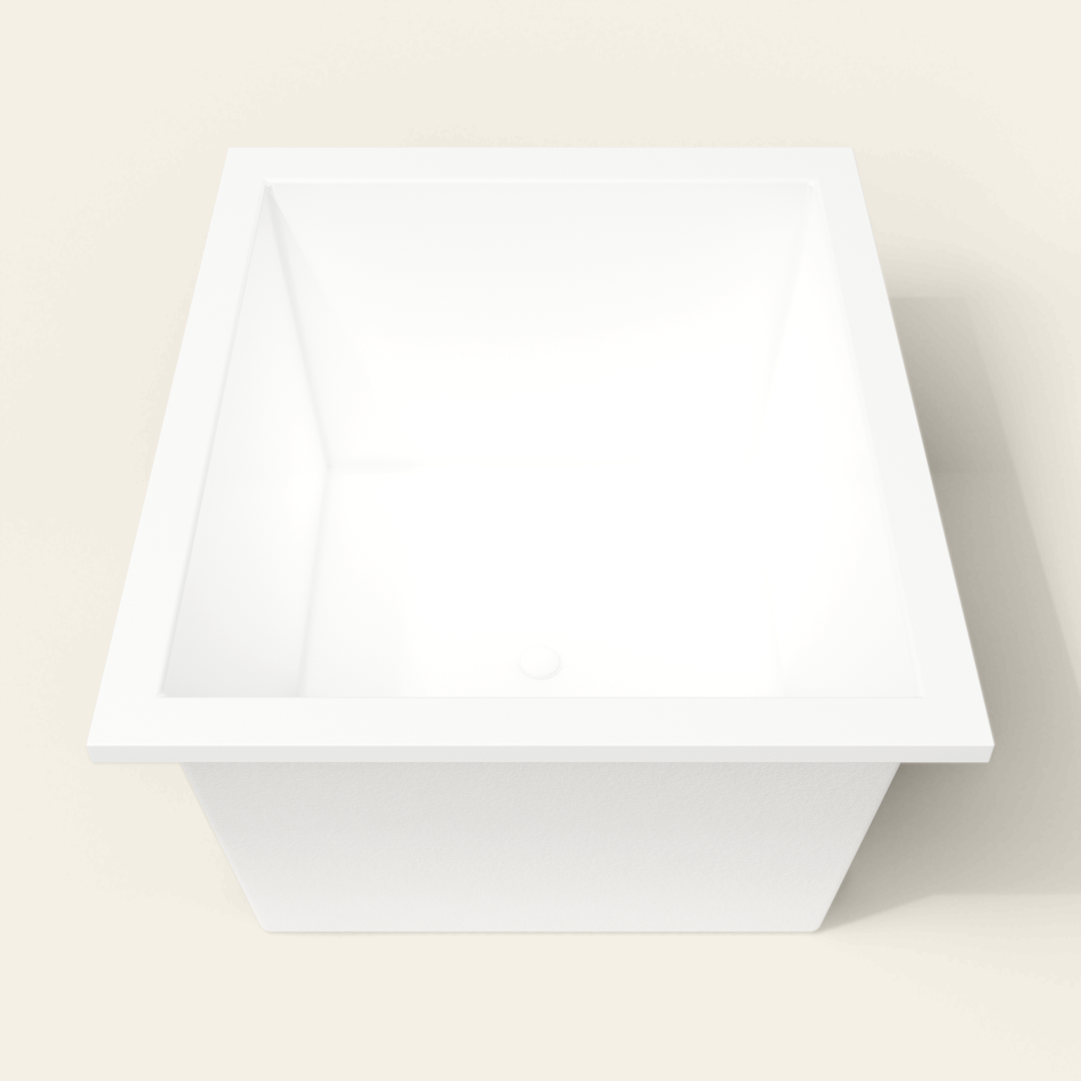 Omnitub 1250×1050 white deep soaking bath — end view [render:1_end_view:nofeet]