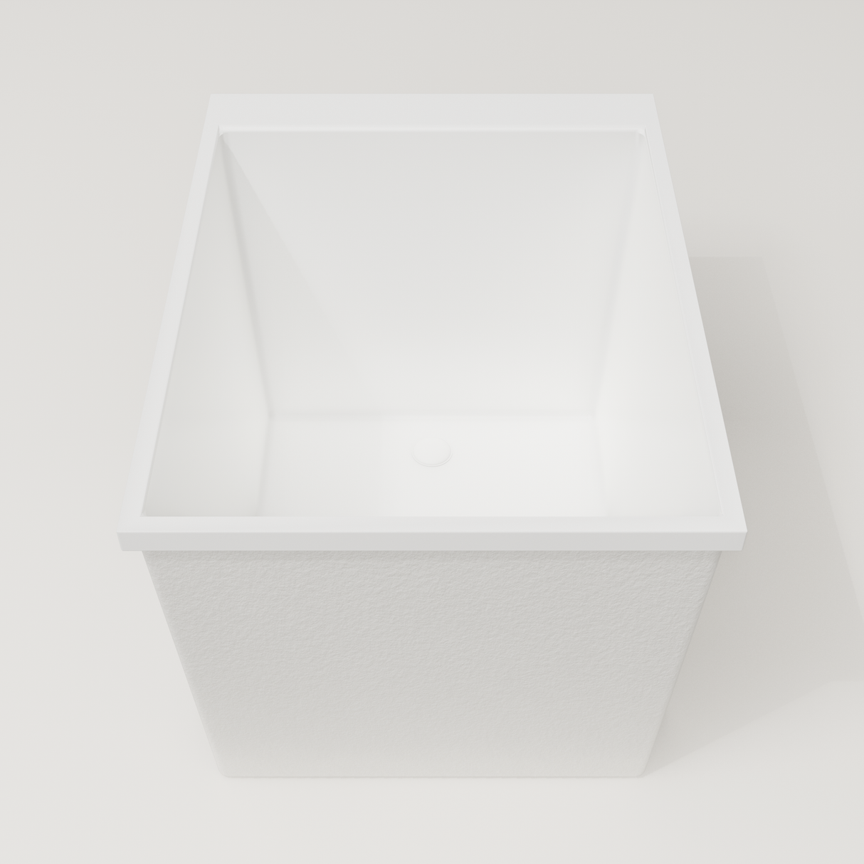 Omnitub Sheer 900 deep soaking tub in white — 900×700mm footprint, 600mm deep, end view, handmade in Britain [render:1_end_view:nofeet]