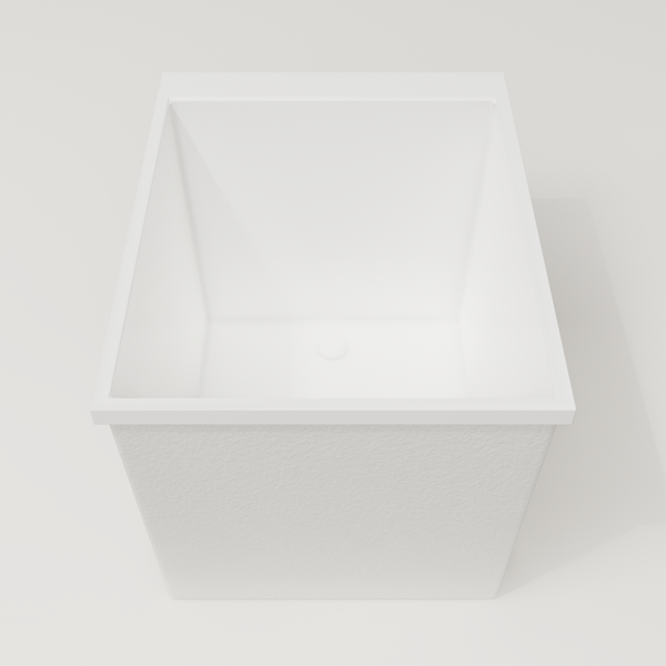 Omnitub Sheer 900 deep soaking tub in white — 900×700mm footprint, 600mm deep, end view, handmade in Britain [render:1_end_view:nofeet]