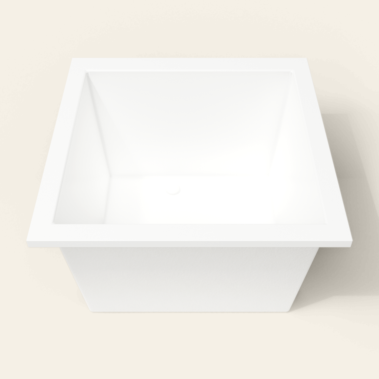 Omnitub 1050×1050 white deep soaking bath — end view [render:1_end_view:nofeet]