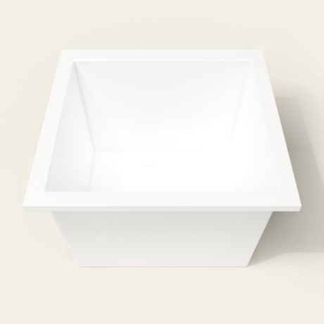 Omnitub 1050×1050 white deep soaking bath — end view [render:1_end_view:nofeet]