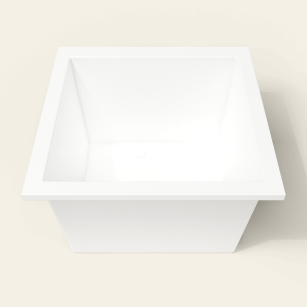 Omnitub 1050×1050 white deep soaking bath — end view [render:1_end_view:nofeet]