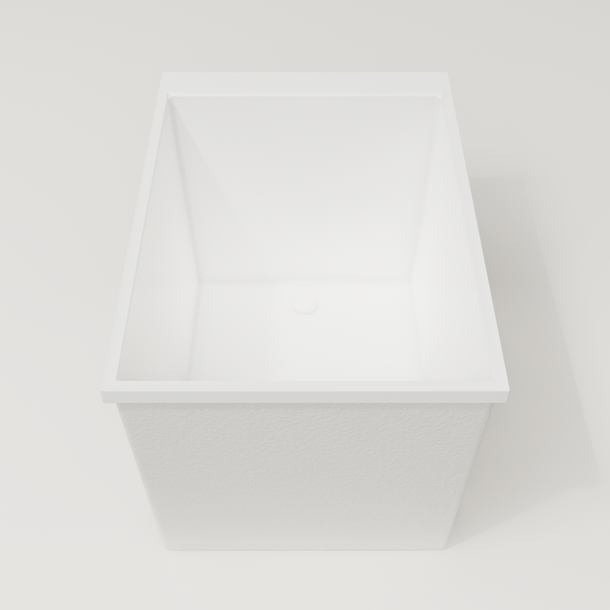 Omnitub Sheer 1000 deep soaking tub in white — 1000×700mm footprint, 600mm deep, end view, handmade in Britain [render:1_end_view:nofeet]
