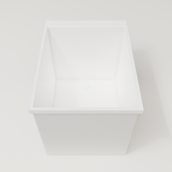 Omnitub Sheer 1000 deep soaking tub in white — 1000×700mm footprint, 600mm deep, end view, handmade in Britain [render:1_end_view:nofeet]