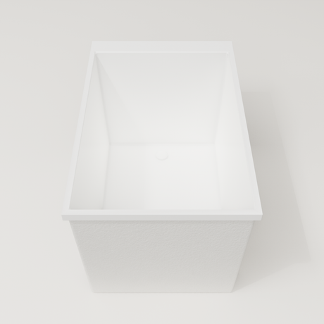 Omnitub Sheer 1100 deep soaking tub in white — 1100×700mm footprint, 600mm deep, end view, handmade in Britain [render:1_end_view:nofeet]