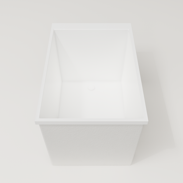 Omnitub Sheer 1100 deep soaking tub in white — 1100×700mm footprint, 600mm deep, end view, handmade in Britain [render:1_end_view:nofeet]