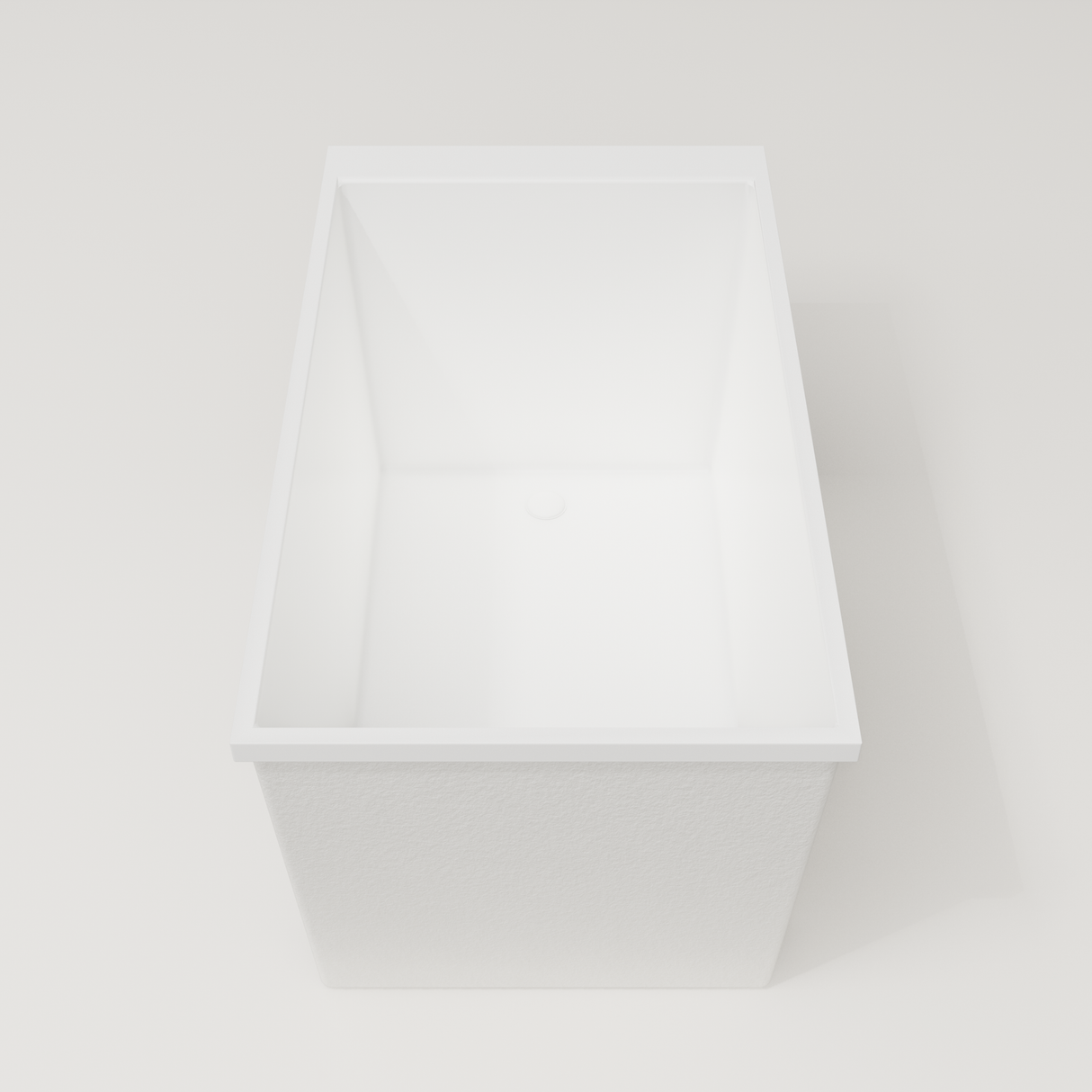 Omnitub Sheer 1200 deep soaking tub in white — 1200×700mm footprint, 600mm deep, end view, handmade in Britain [render:1_end_view:nofeet]