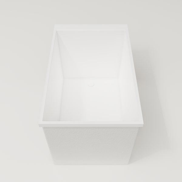 Omnitub Sheer 1200 deep soaking tub in white — 1200×700mm footprint, 600mm deep, end view, handmade in Britain [render:1_end_view:nofeet]