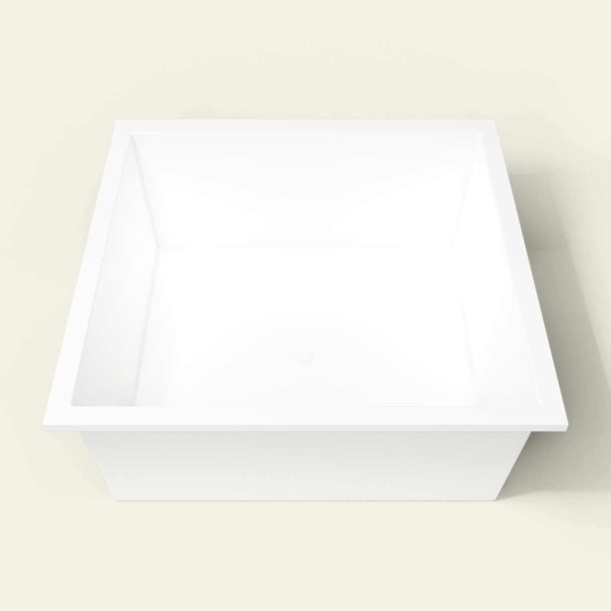 Omnitub 1600×1600 white deep soaking bath — end view [render:1_end_view:nofeet]
