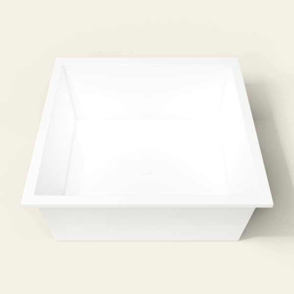 Omnitub 1600×1600 white deep soaking bath — end view [render:1_end_view:nofeet]