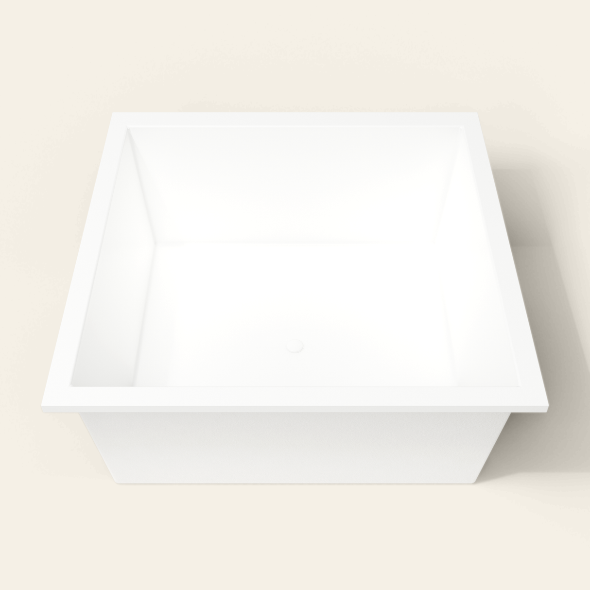 Omnitub 1500×1500 white deep soaking bath — end view [render:1_end_view:nofeet]