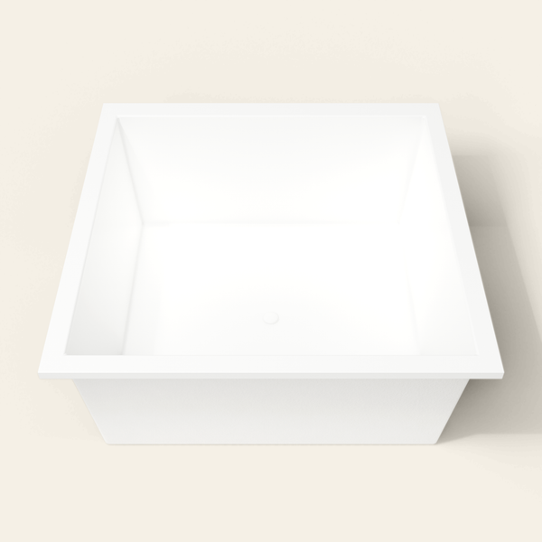 Omnitub 1500×1500 white deep soaking bath — end view [render:1_end_view:nofeet]