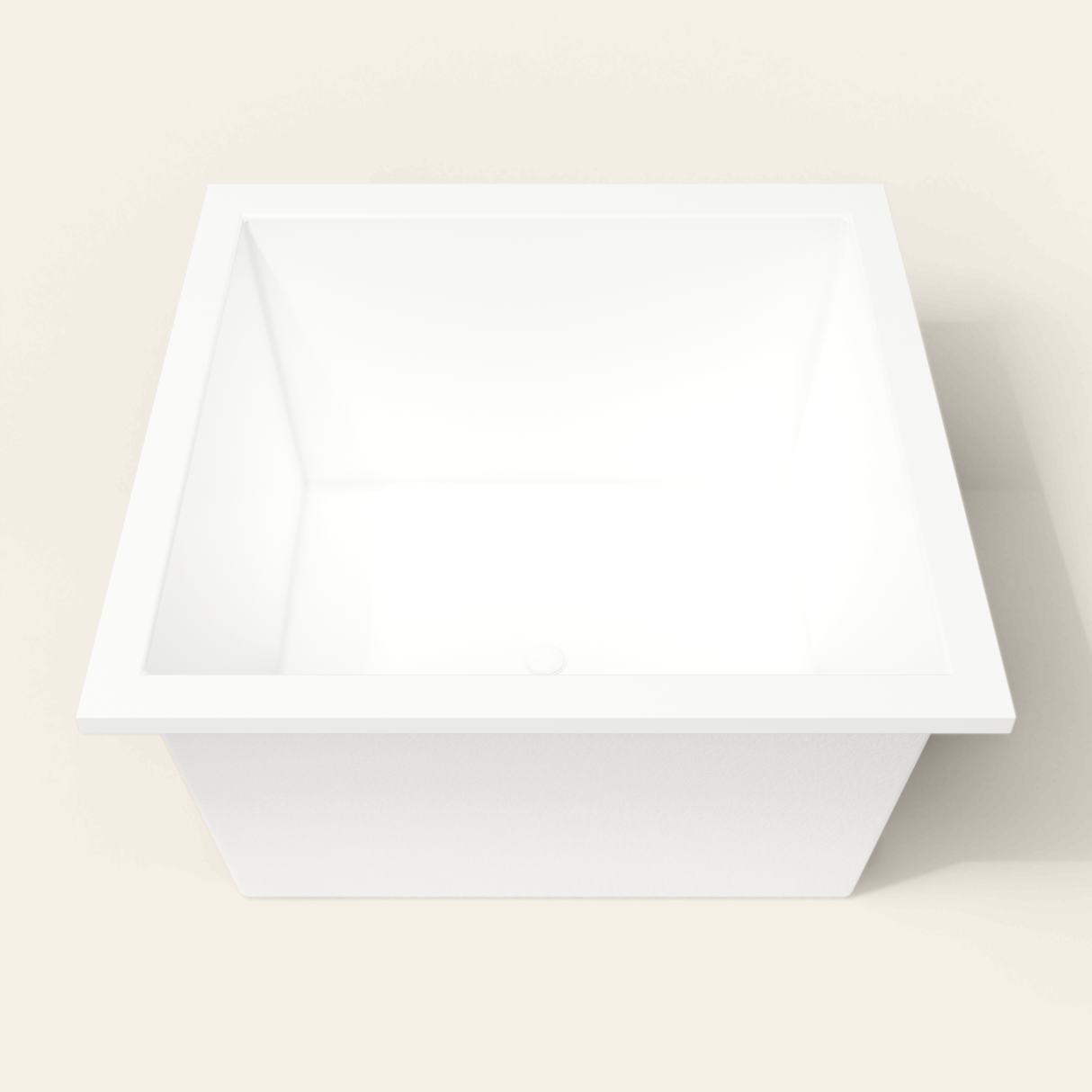Omnitub 1200×1200 white deep soaking bath — end view [render:1_end_view:nofeet]