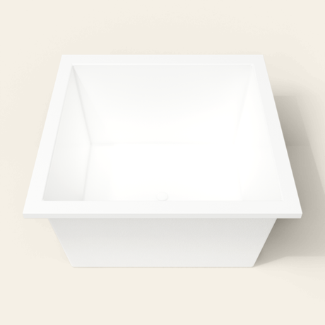 Omnitub 1200×1200 white deep soaking bath — end view [render:1_end_view:nofeet]