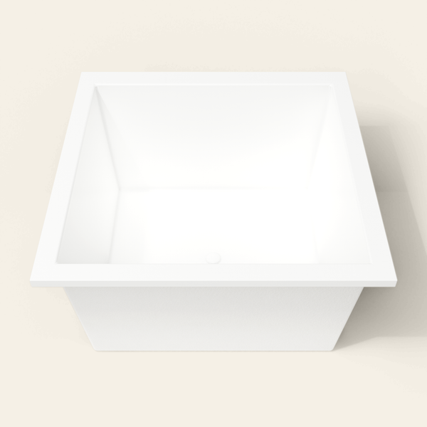 Omnitub 1200×1200 white deep soaking bath — end view [render:1_end_view:nofeet]
