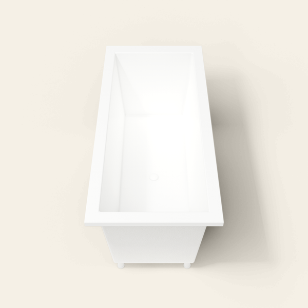 Omnitub 1700×750 white deep soaking bath — end view, with feet [render:1_end_view:feet]