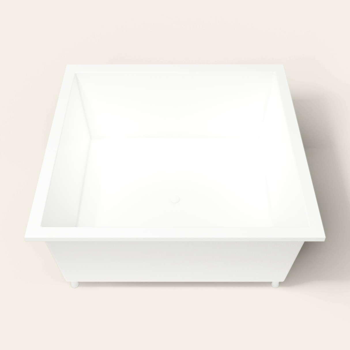 Omnitub 1600×1600 white deep soaking bath — end view, with feet [render:1_end_view:feet]