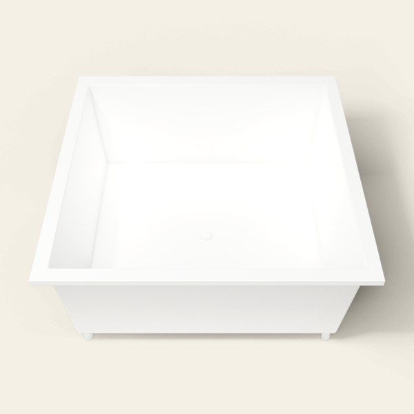 Omnitub 1600×1600 white deep soaking bath — end view, with feet [render:1_end_view:feet]