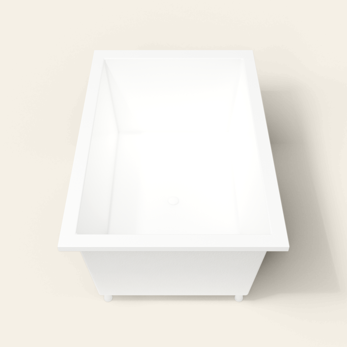 Omnitub 1600×1050 white deep soaking bath — end view, with feet [render:1_end_view:feet]