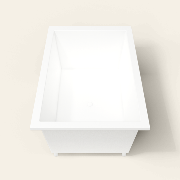 Omnitub 1600×1050 white deep soaking bath — end view, with feet [render:1_end_view:feet]