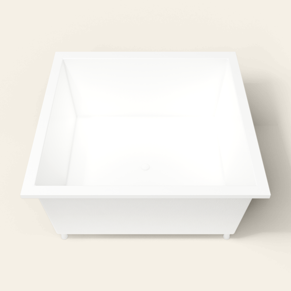 Omnitub 1500×1500 white deep soaking bath — end view, with feet [render:1_end_view:feet]