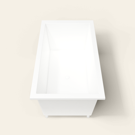 Omnitub 1750×950 white deep soaking bath — end view, with feet [render:1_end_view:feet]