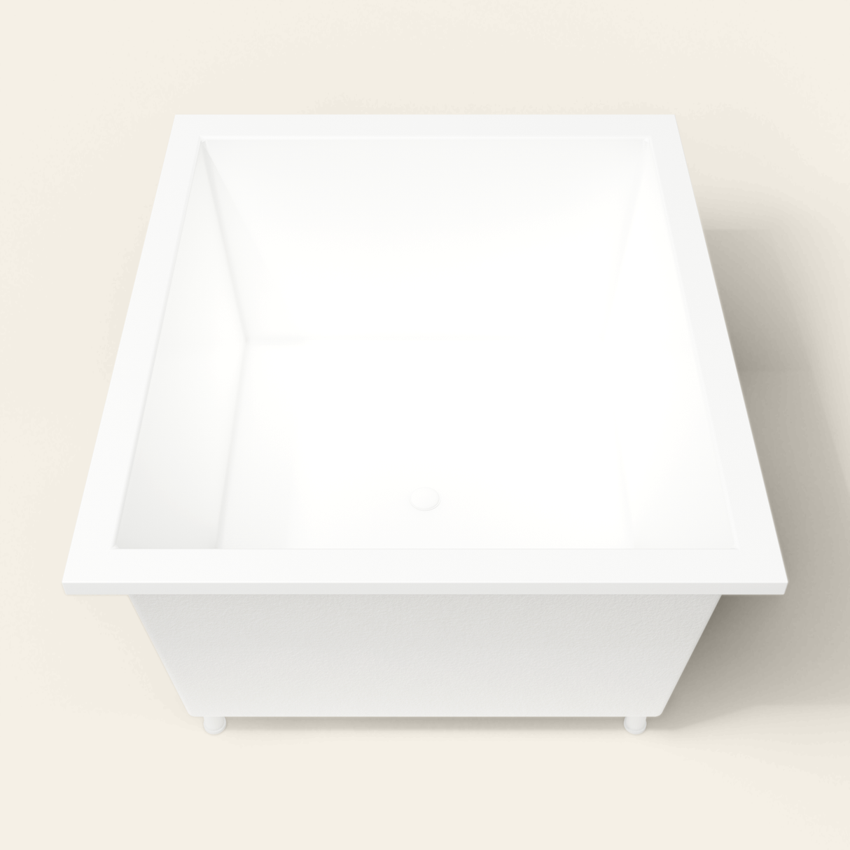 Omnitub 1400×1200 white deep soaking bath — end view, with feet [render:1_end_view:feet]