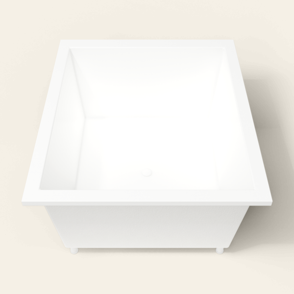 Omnitub 1400×1200 white deep soaking bath — end view, with feet [render:1_end_view:feet]