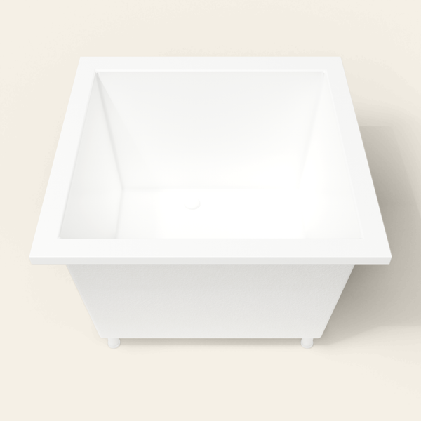 Omnitub 1050×1050 white deep soaking bath — end view, with feet [render:1_end_view:feet]