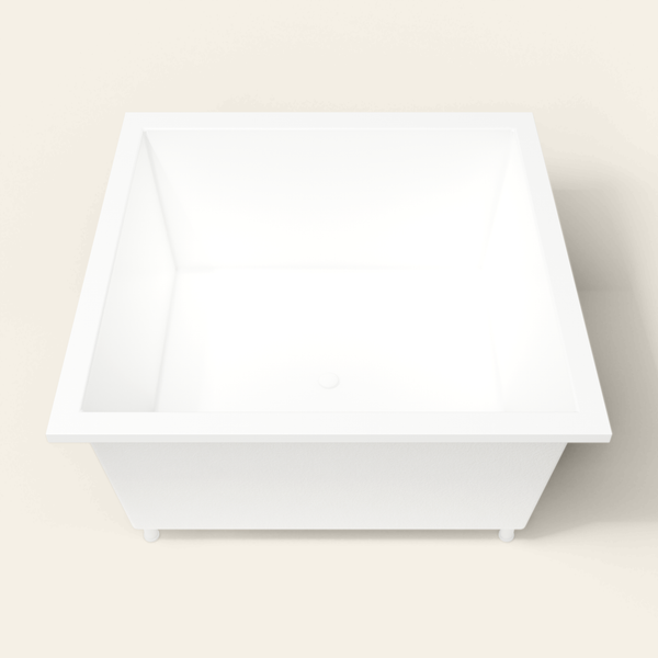 Omnitub 1400×1400 white deep soaking bath — end view, with feet [render:1_end_view:feet]